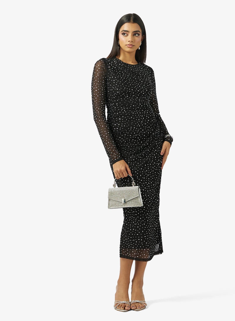 Style Cheat Mesh Detail Long Sleeve Bodycon Midi Dress - Image 4